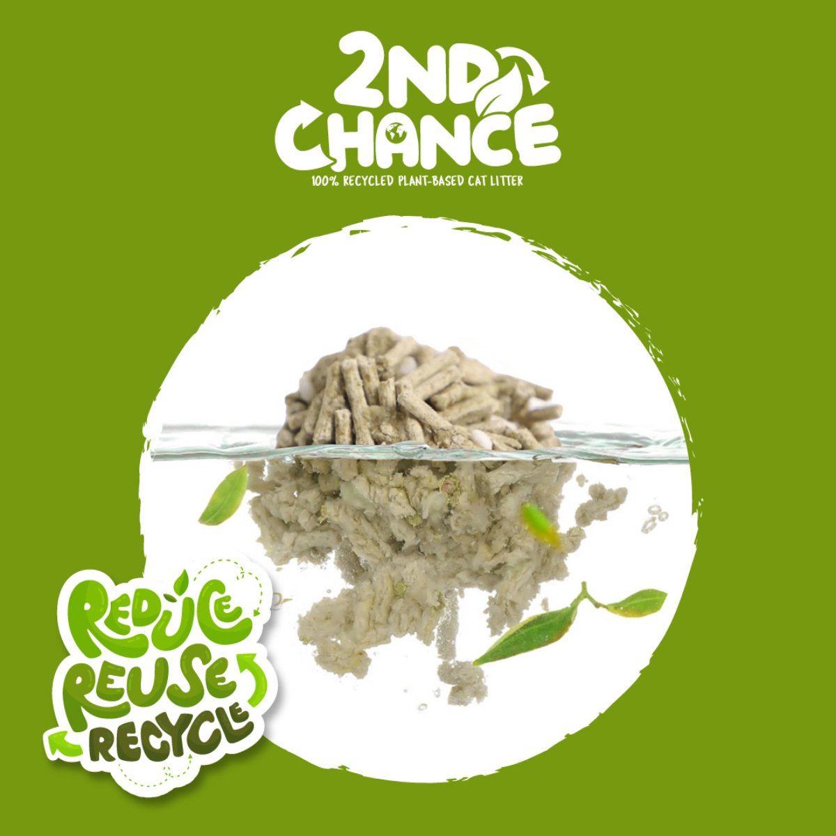 Kit Cat 2nd Chance Green Tea plant-based litter clump breaking down in water to demonstrate the flushable feature