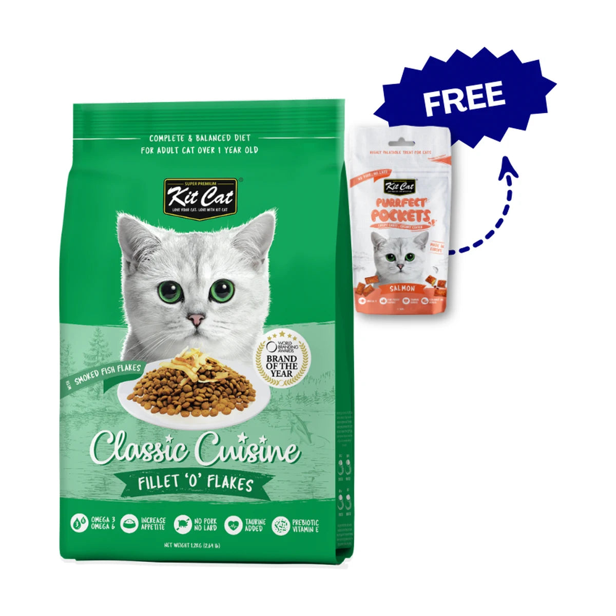 Kit Cat Classic Cuisine Fillet O' Flakes 1.2kg with free Kit Cat Purrfect Pockets Salmon 60g
