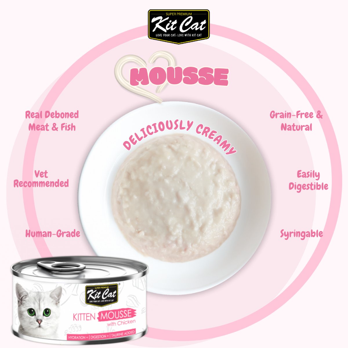 Kit Cat Kitten Mousse with Chicken product benefits and mousse texture