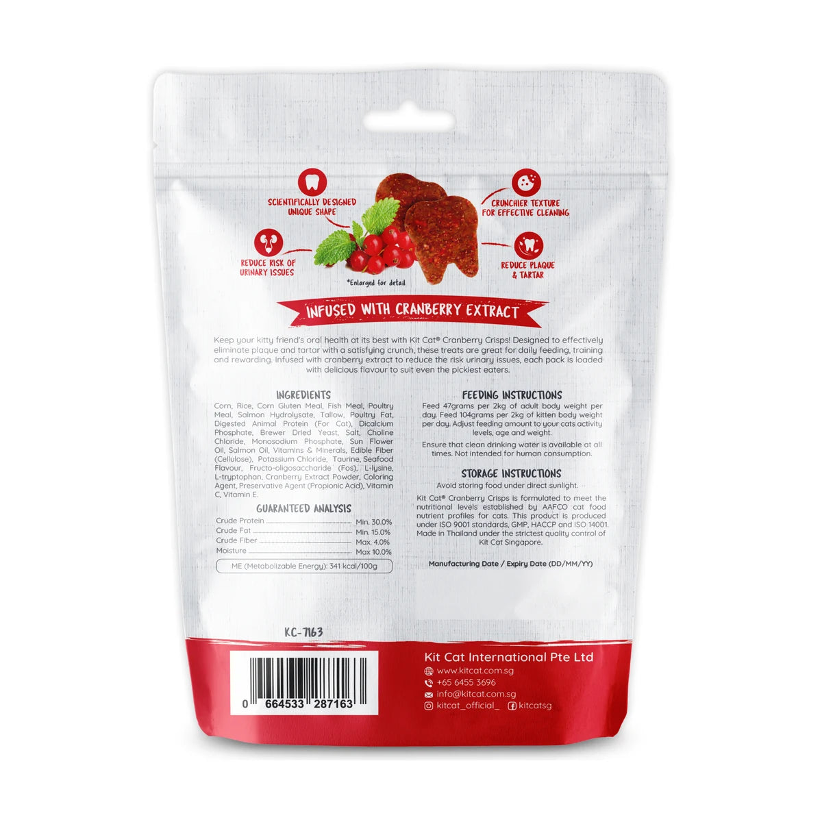 Back of Kit Cat Cranberry Crisps Seafood cat treats pack showing ingredients, feeding guide and storage information