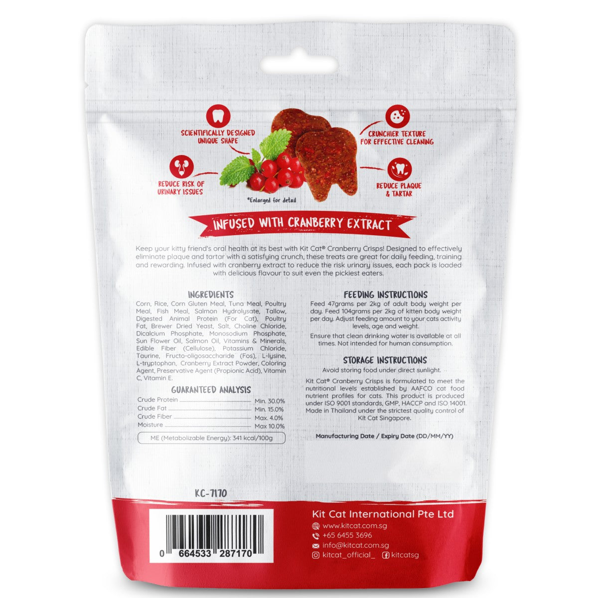 Back of Kit Cat Cranberry Crisps Tuna cat treats pack showing ingredients, feeding guide and storage information