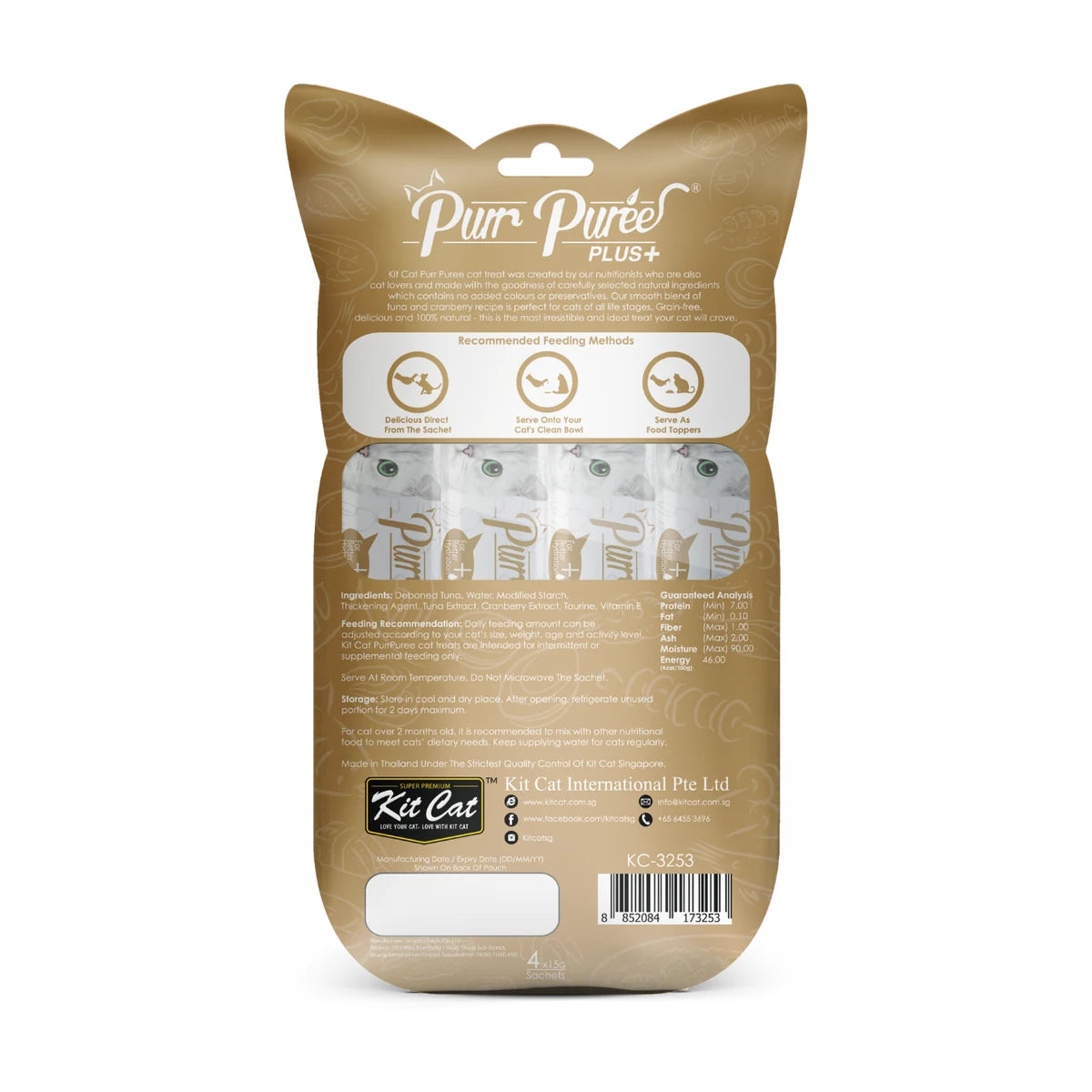Back of Kit Cat Purr Puree Plus Tuna and Cranberry Urinary Care cat treat pack showing feeding guide and ingredients