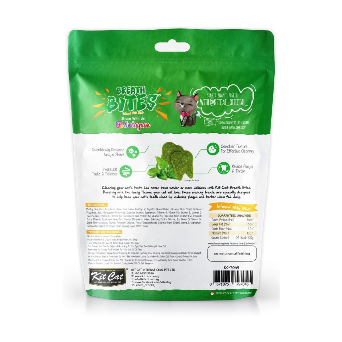 Kit Cat Breath Bites Chicken cat dental treats 60g back of pack with ingredients feeding guide and guaranteed analysis