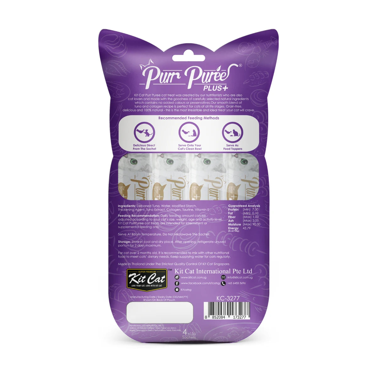 Kit Cat Purr Puree Plus Tuna and Collagen Care back of pack with ingredients feeding guide and analysis