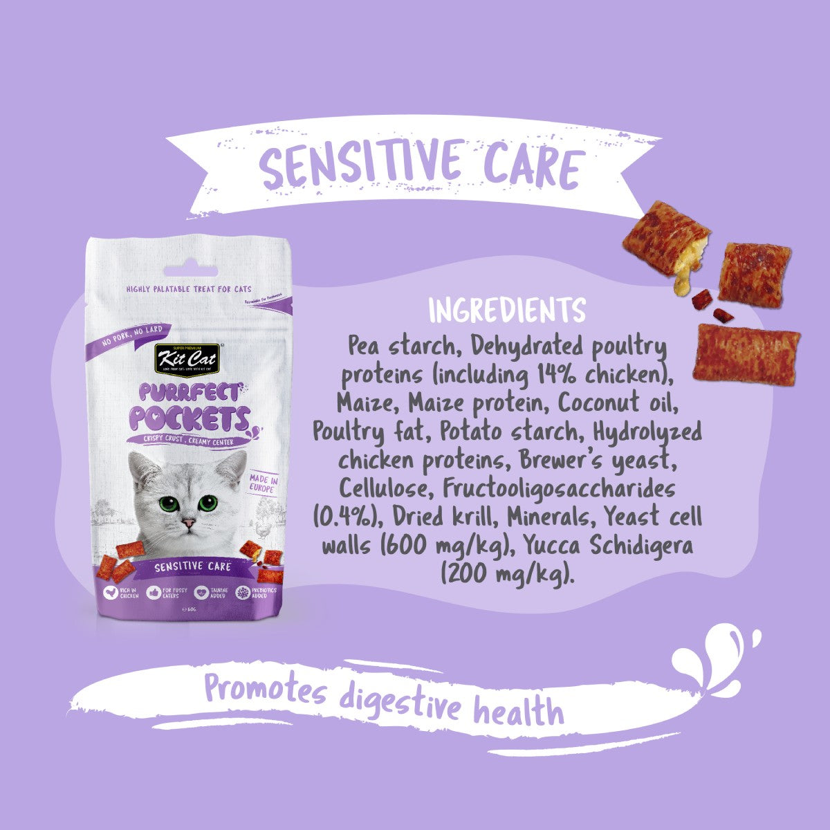 Kit Cat Purrfect Pockets Sensitive Care image with ingredients and digestive support information