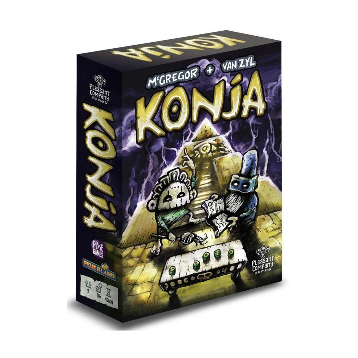 Konja 2-player tactical dice and card game box front showing shaman wizards and pyramid artwork