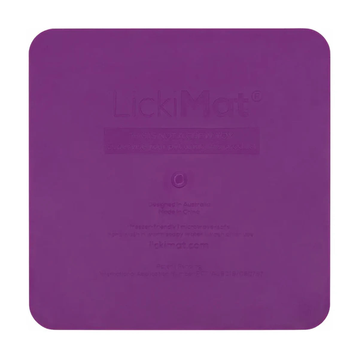 Back of LickiMat Catster Cat purple showing authentic branding and product information