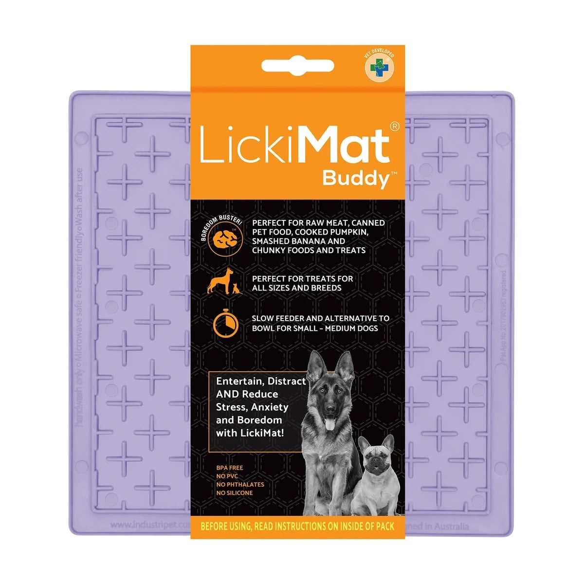 LickiMat Classic Buddy lavender lick mat shown with packaging, slow feeder lick mat for dogs and cats