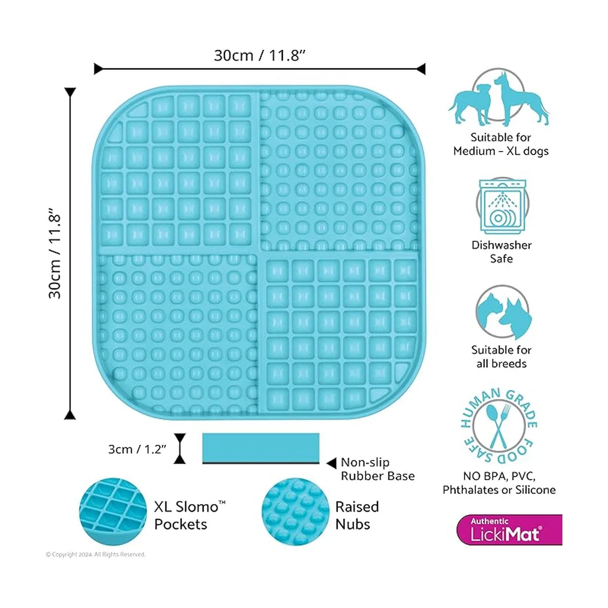 LickiMat Slomo XL turquoise dimensions 30cm x 30cm x 3cm dishwasher safe non slip base infographic