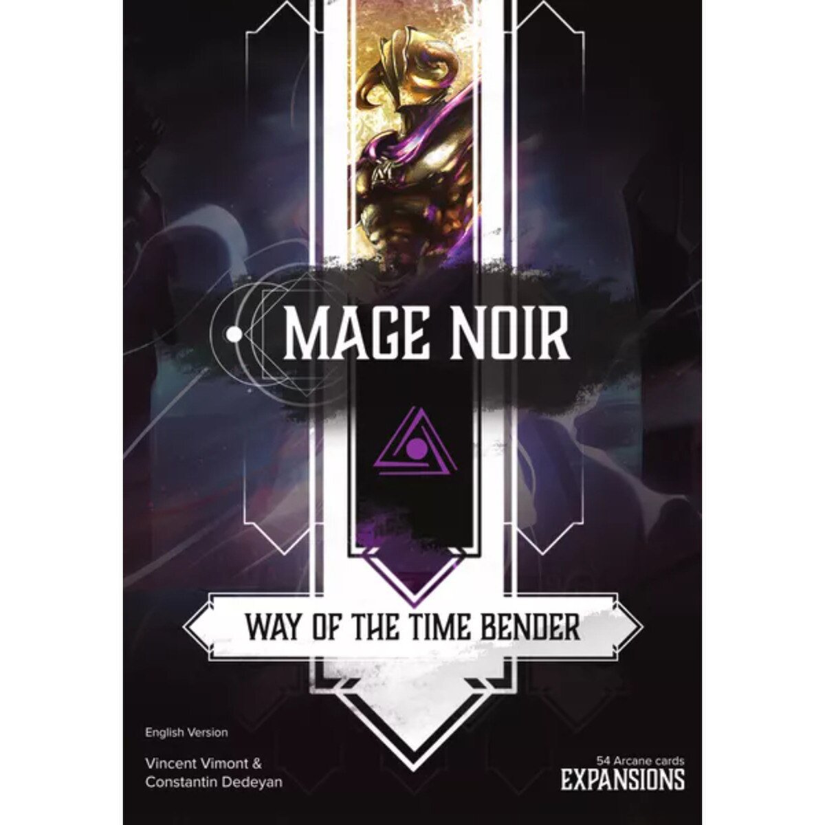Mage Noir Way of the Time-Bender expansion box front showing Arcane element artwork for the strategic card game