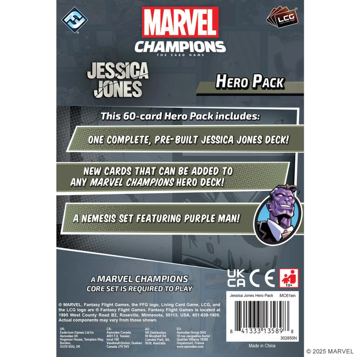 Marvel Champions Jessica Jones Hero Pack back showing 60-card contents and Purple Man nemesis set