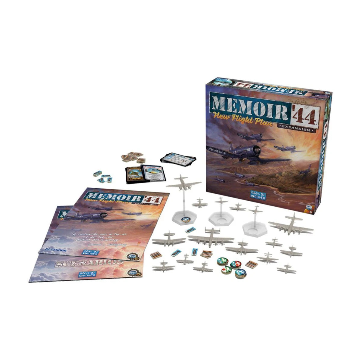 Memoir ’44 New Flight Plan expansion with aircraft miniatures, air combat cards, markers, scenario booklet and box contents