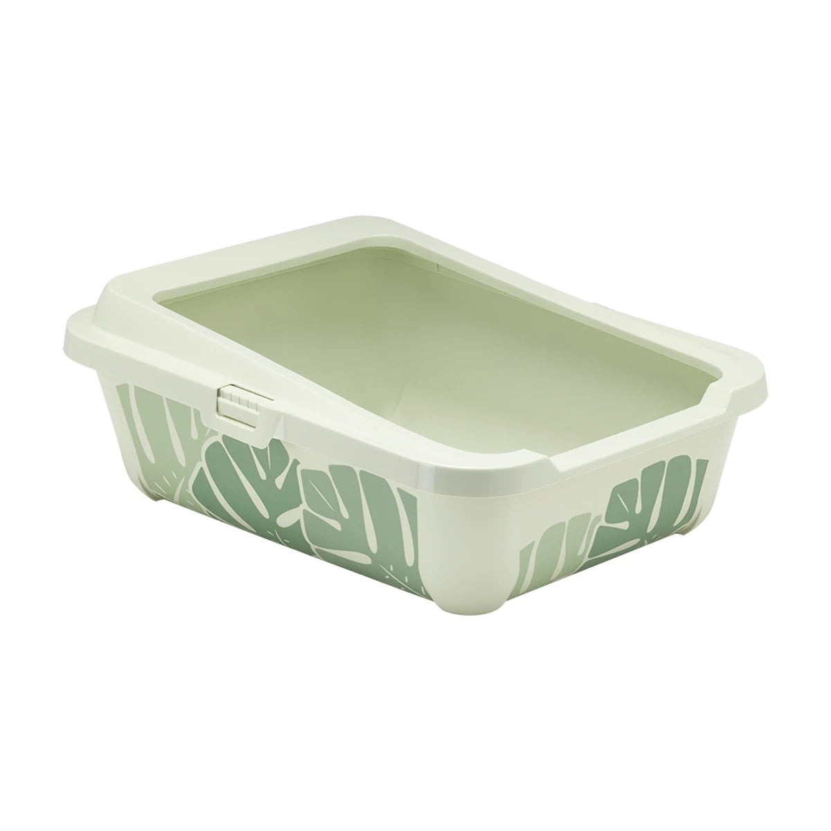 Moderna Hercules Eden Cat Litter Tray in Light Green with removable white rim, raised back and decorative tropical leaf pattern on the sides.