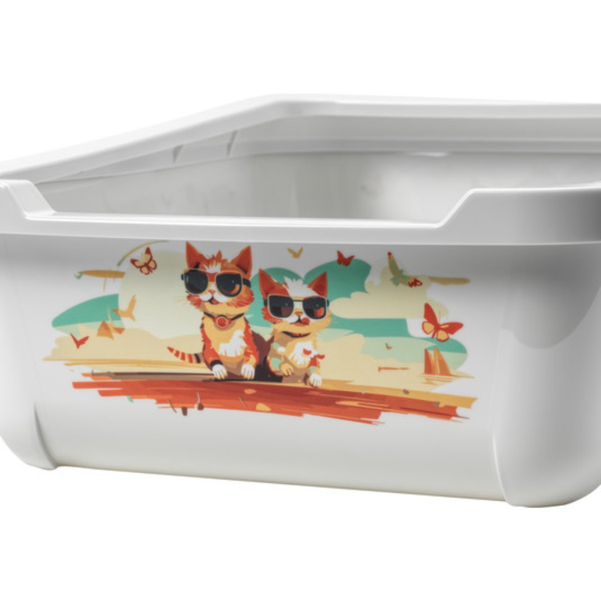 Close-up of the Indy & Louise design on the white Moderna Hercules cat litter tray, featuring two cartoon cats in sunglasses and colourful butterflies.