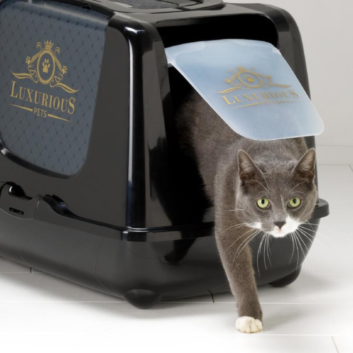 Grey and white cat stepping out of the Moderna Trendy Cat Large Luxurious Cat Litter Box through its translucent swing door.