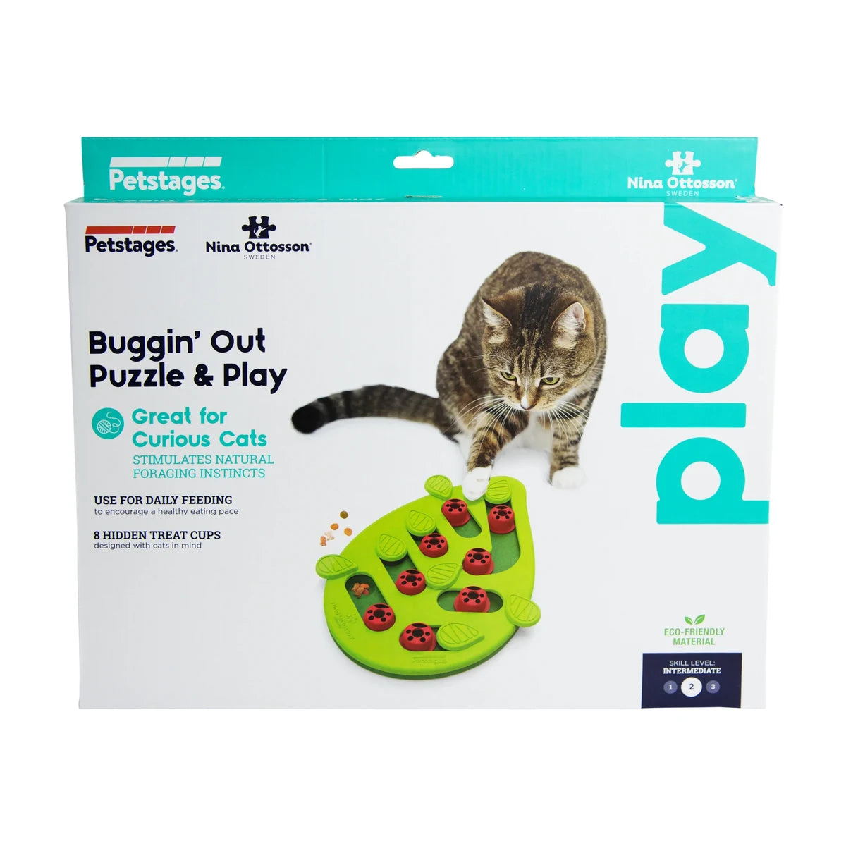 Packaging of Nina Ottosson Cat Buggin Out Puzzle and Play Level 2 cat puzzle