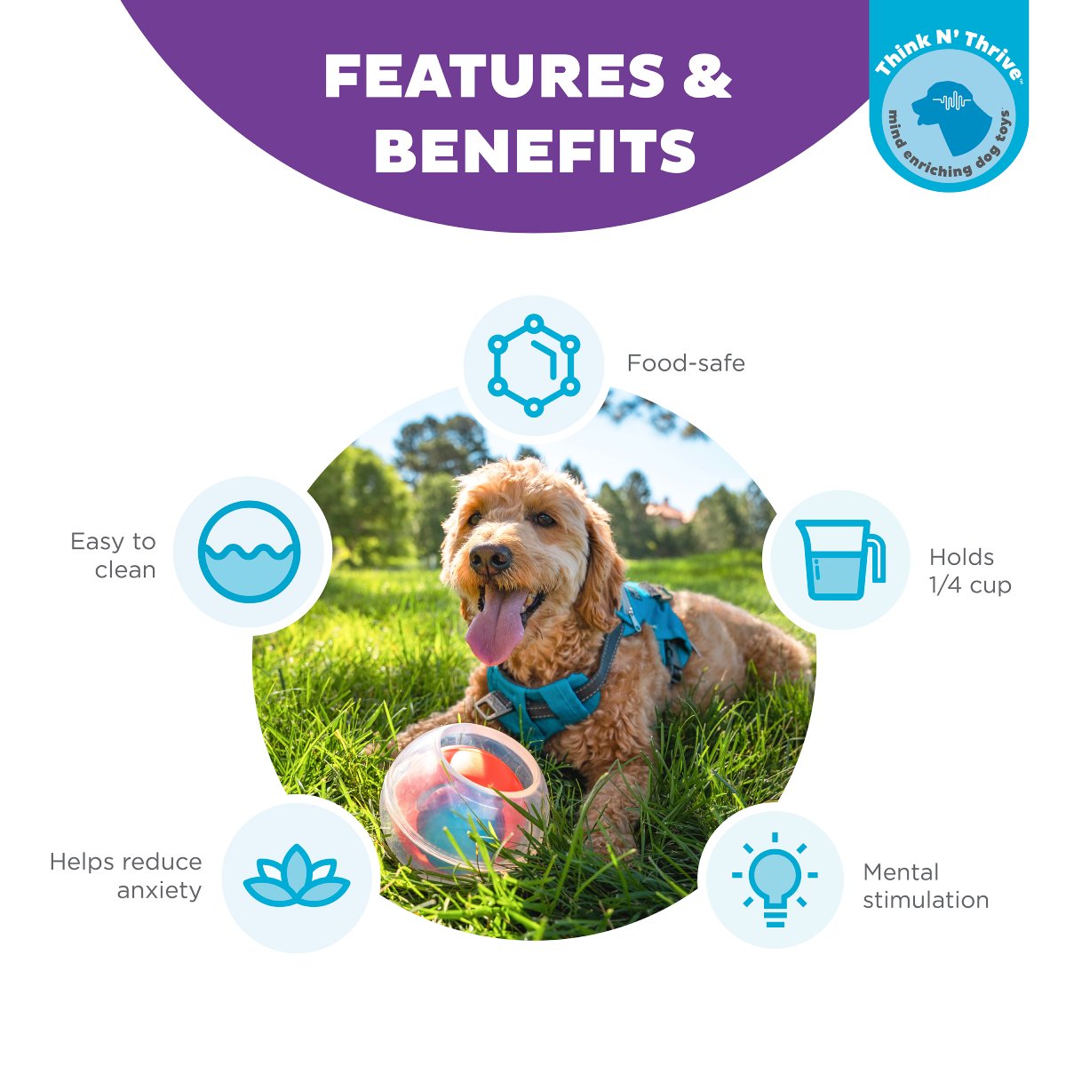 Nina Ottosson Dog Rumble Puzzle Topsy Treat Ball features and benefits showing food-safe treat dispensing toy for mental stimulation and easy cleaning