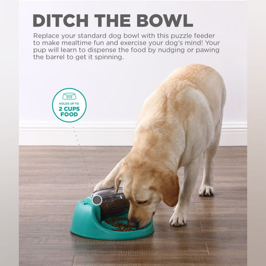 Dog eating from the Nina Ottosson Spin N Eat Level 2 puzzle feeder on the floor