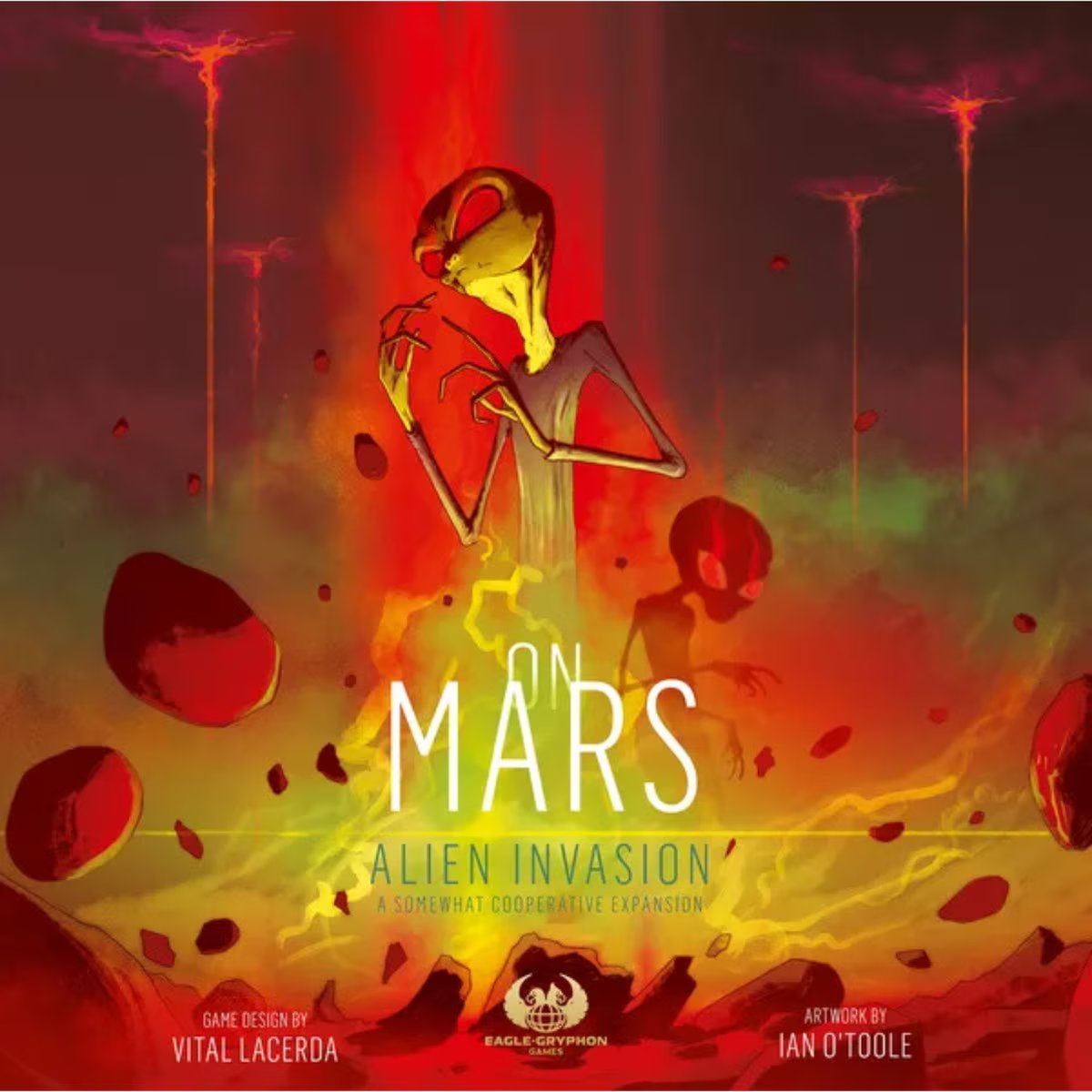 On Mars Alien Invasion expansion front cover artwork showing alien invasion theme for the On Mars board game