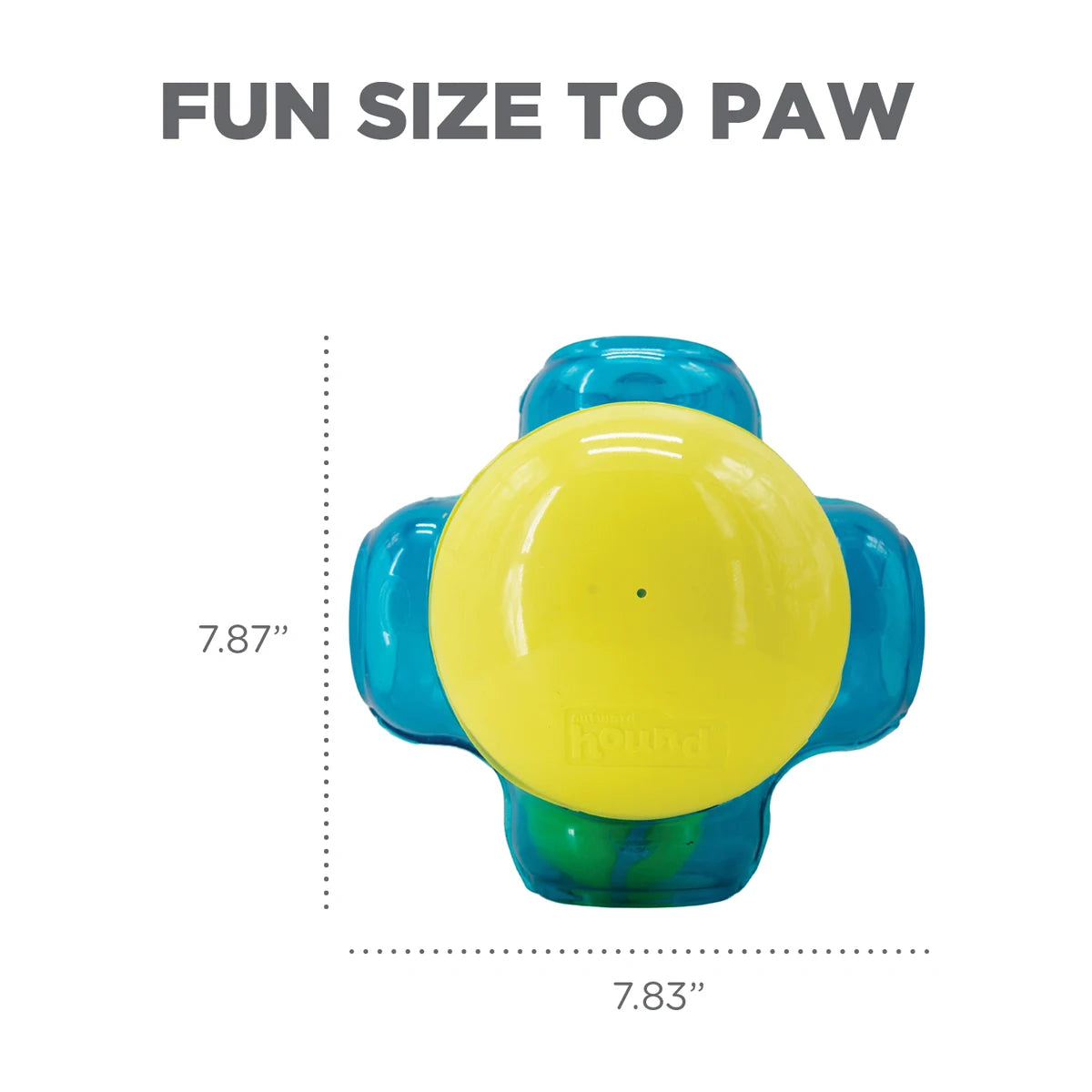 Outward Hound Tennis Maze Craze dog puzzle toy size guide showing 7.87 inch height and 7.83 inch width.