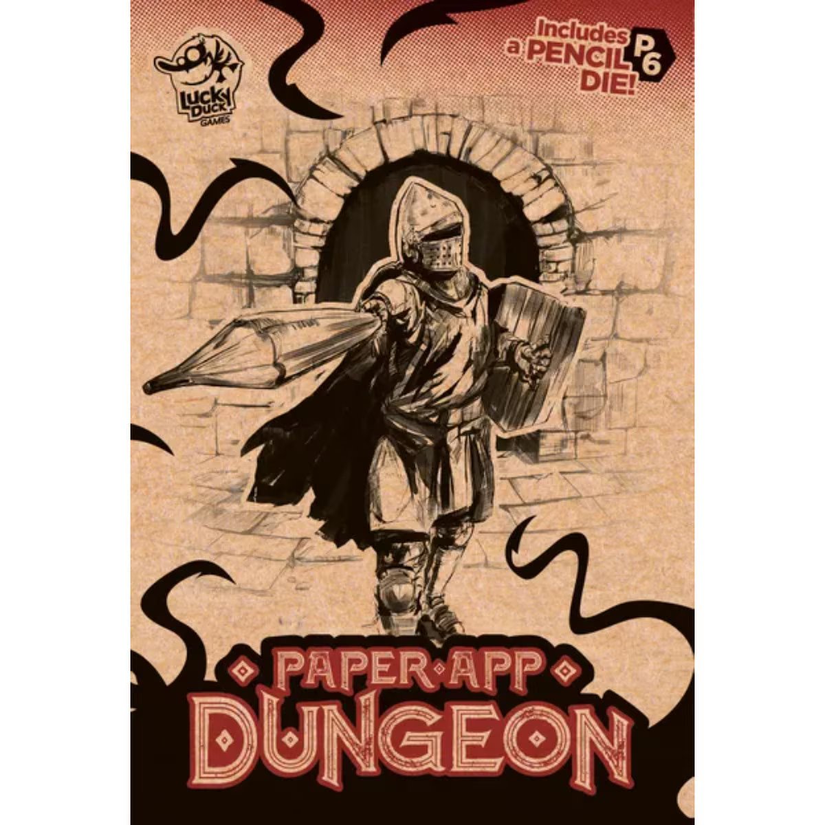 Paper App Dungeon front cover artwork from Lucky Duck Games with dungeon hero and Pencil Die text