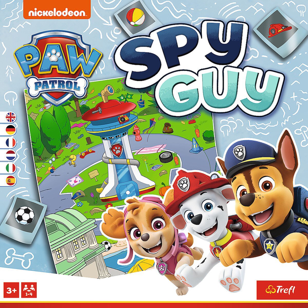 PAW Patrol Spy Guy Board Game front cover showing Chase Marshall Skye and hidden object board artwork