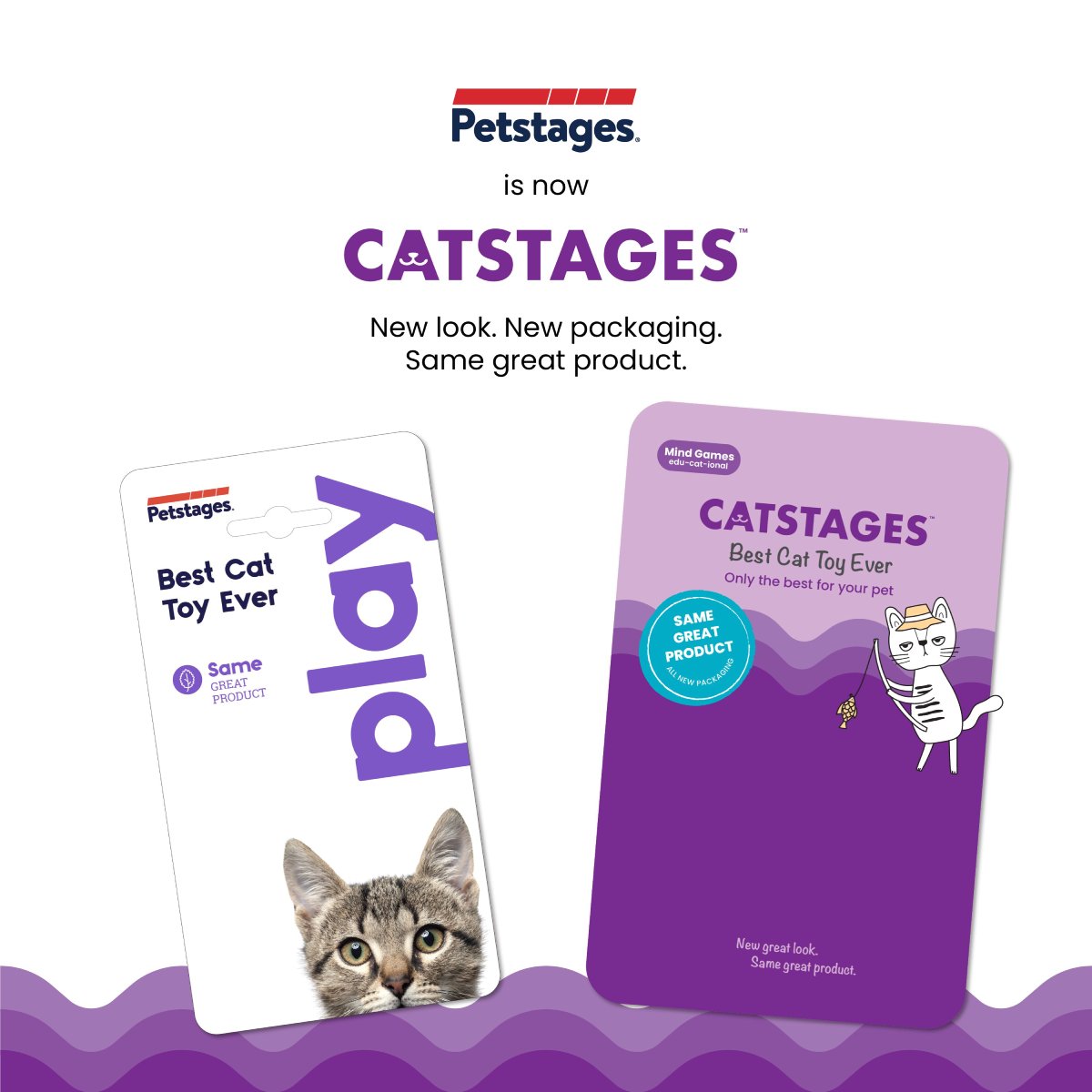 Petstages is now Catstages brand transition notice with same great cat product and new packaging