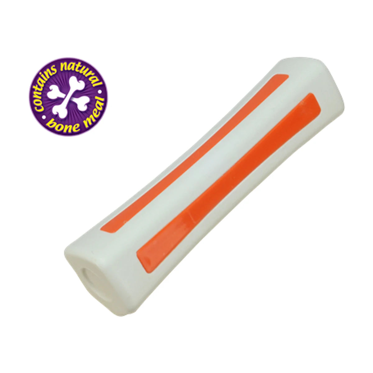 Dog chewing Petstages Beyond Bone cream and orange chew toy indoors for a better chewing outlet