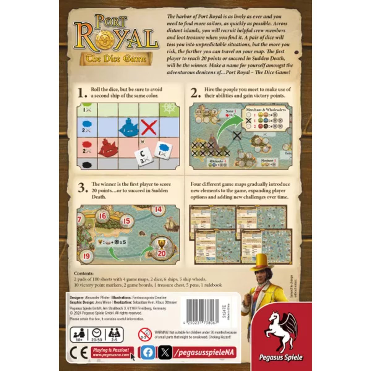 Port Royal The Dice Game box back showing gameplay examples, maps and components