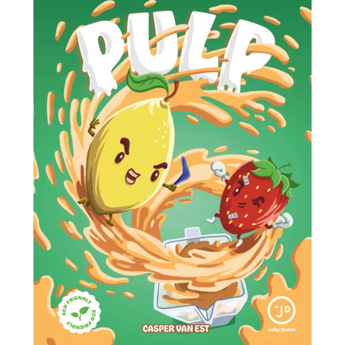 PULP card game cover artwork with cartoon lemon and strawberry in a smoothie swirl