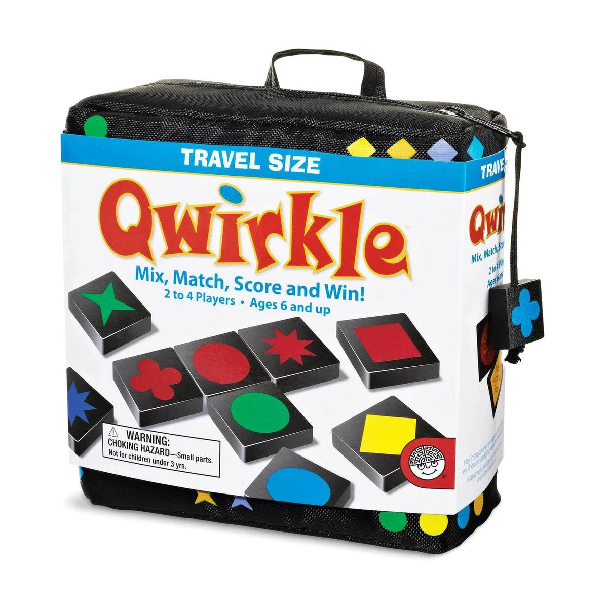 Qwirkle Travel Edition family tile game in portable pouch with wooden colour and shape tiles for 2 to 4 players ages 6 plus