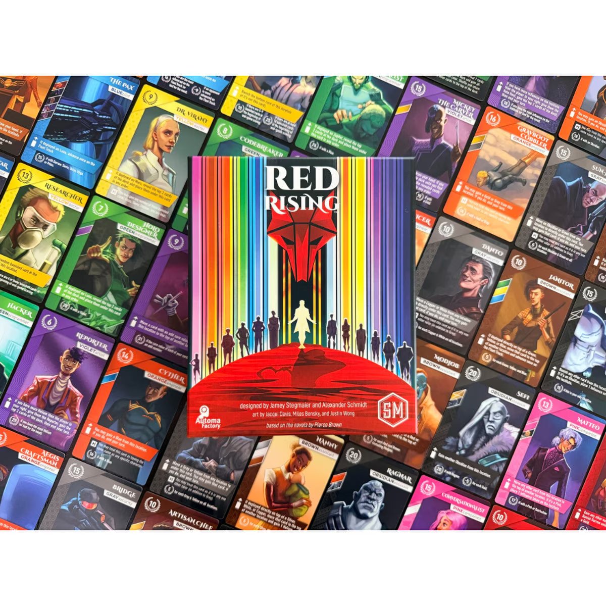 Red Rising New Edition board game box surrounded by colourful character cards