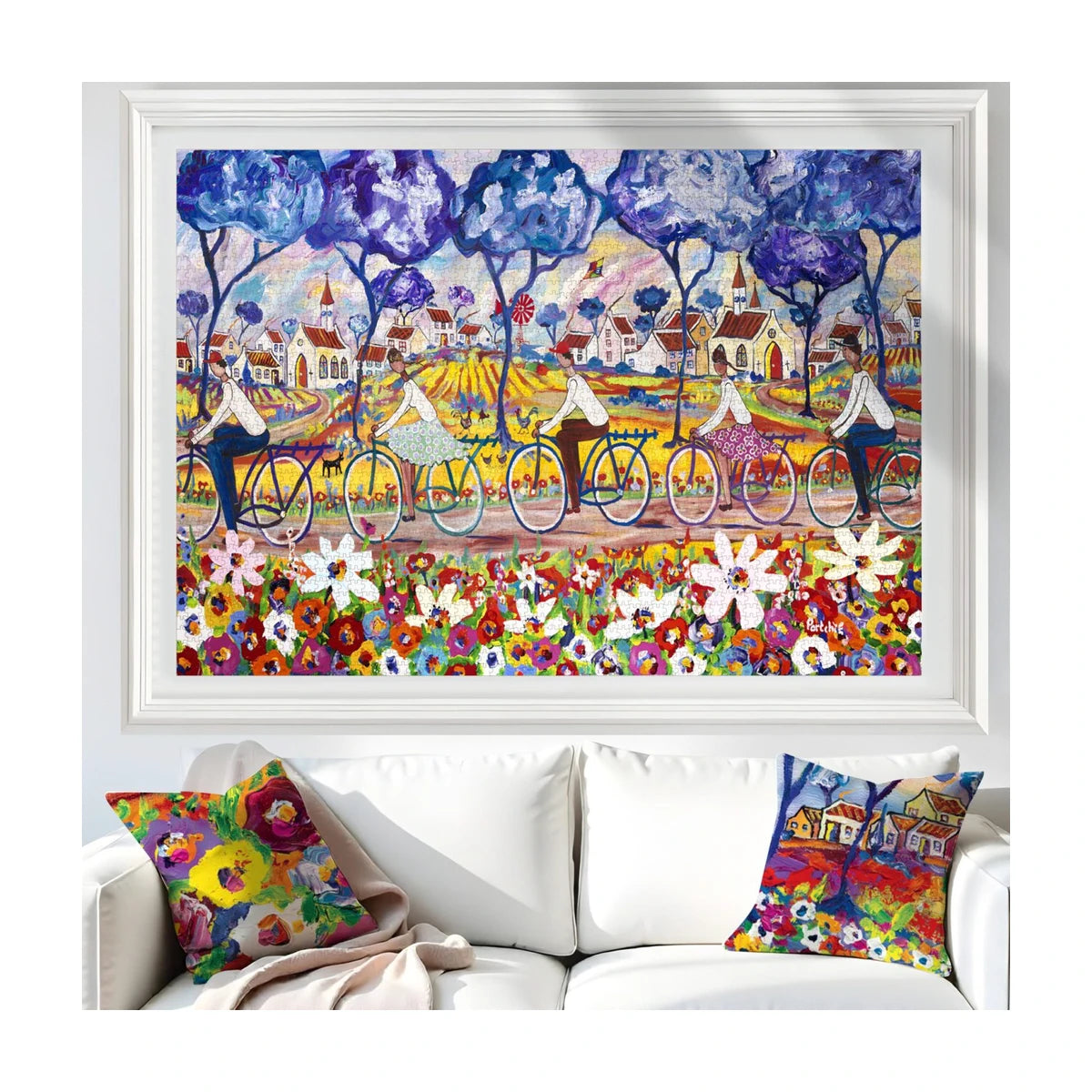 Framed Town to Town Race by Portchie 5000pc puzzle wall art look in a bright living room