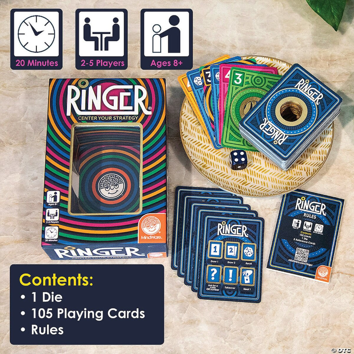 Ringer card game cards die box and contents layout
