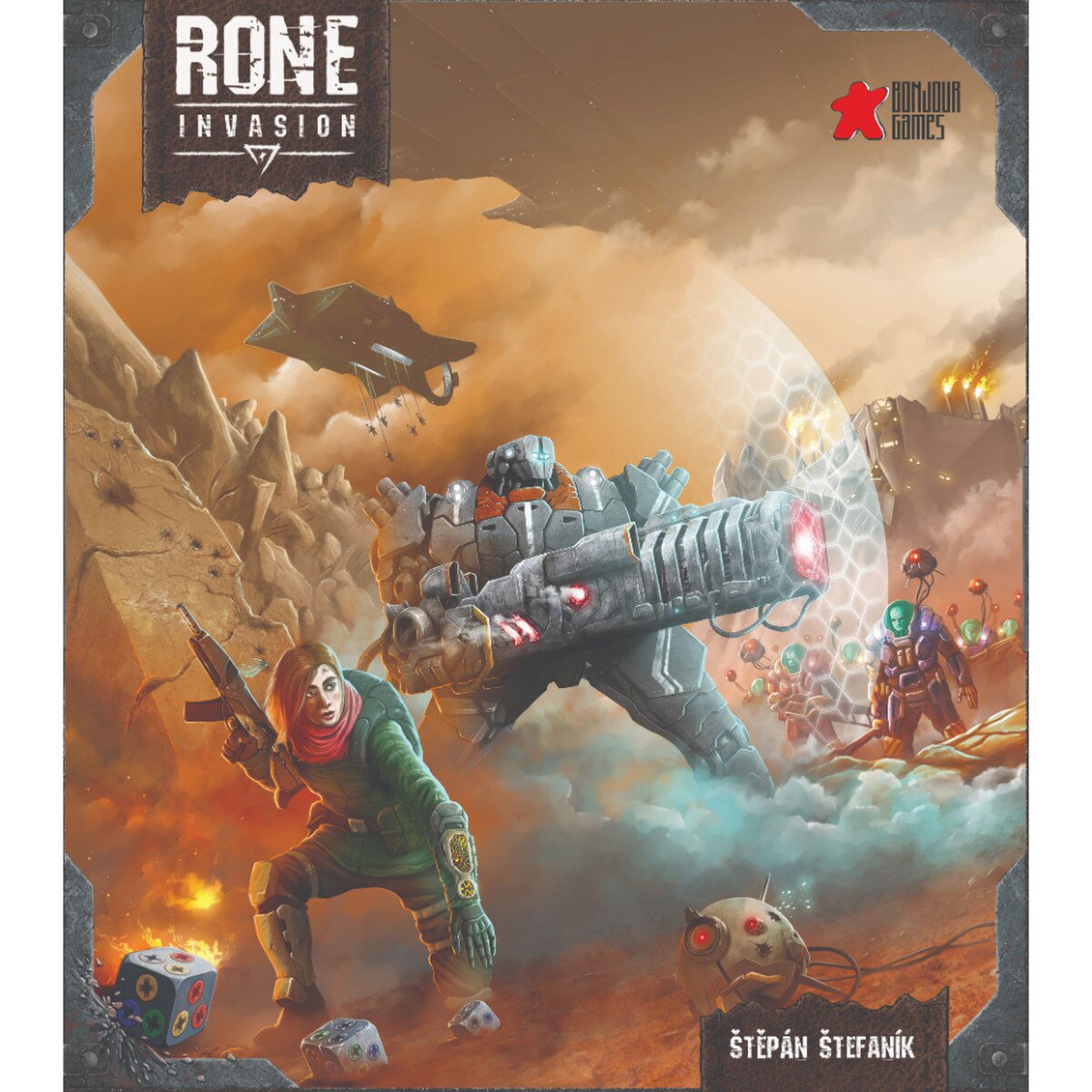 RONE Invasion board game cover art showing a survivor battling futuristic invading forces in a post-apocalyptic wasteland