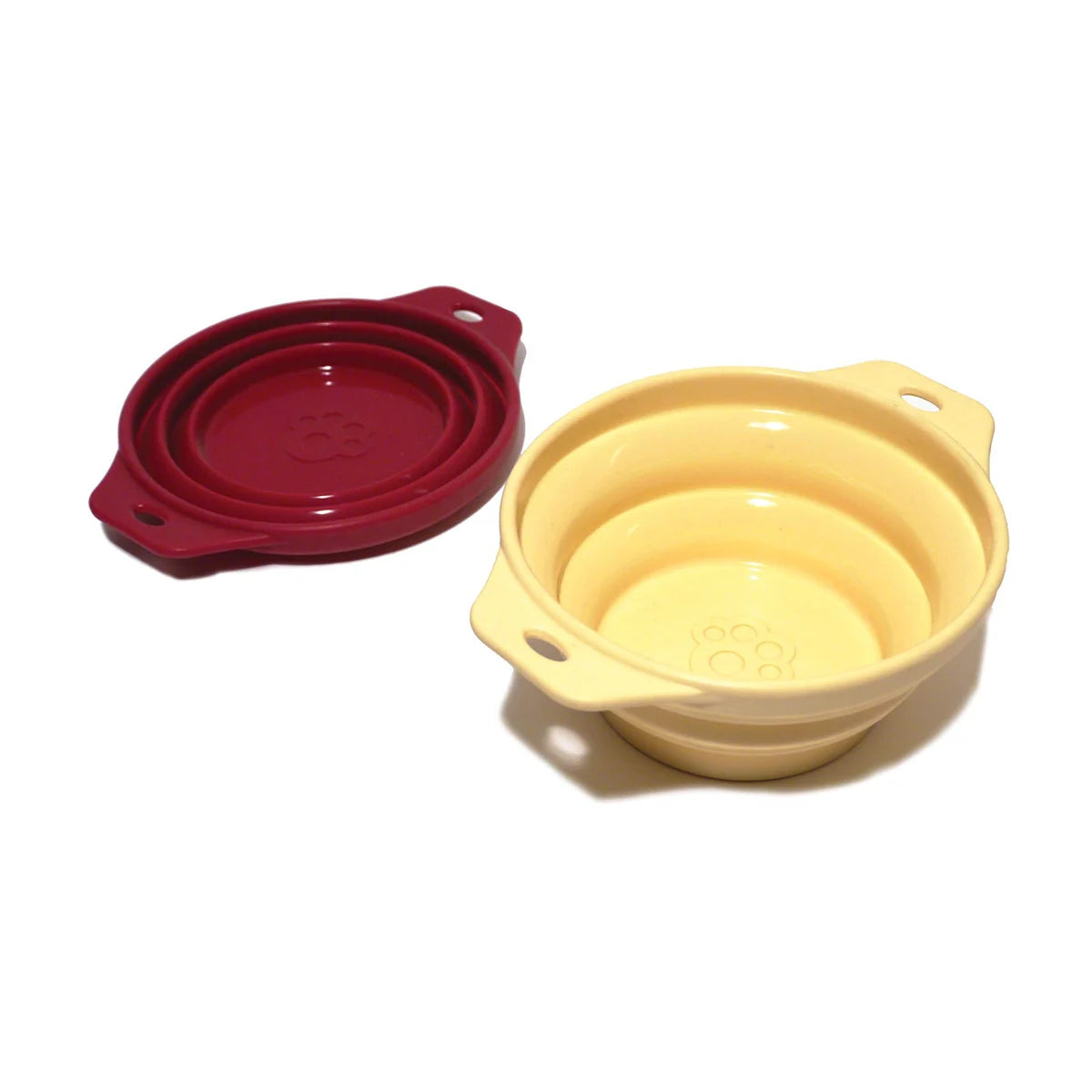 Rosewood collapsible travel pet bowl shown open and folded for compact storage