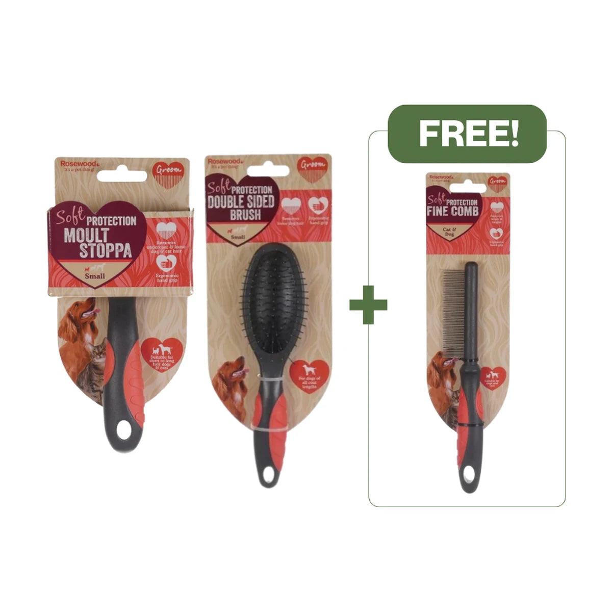 Rosewood Small Moult Stoppa and Small Double Sided Brush with free Fine Comb