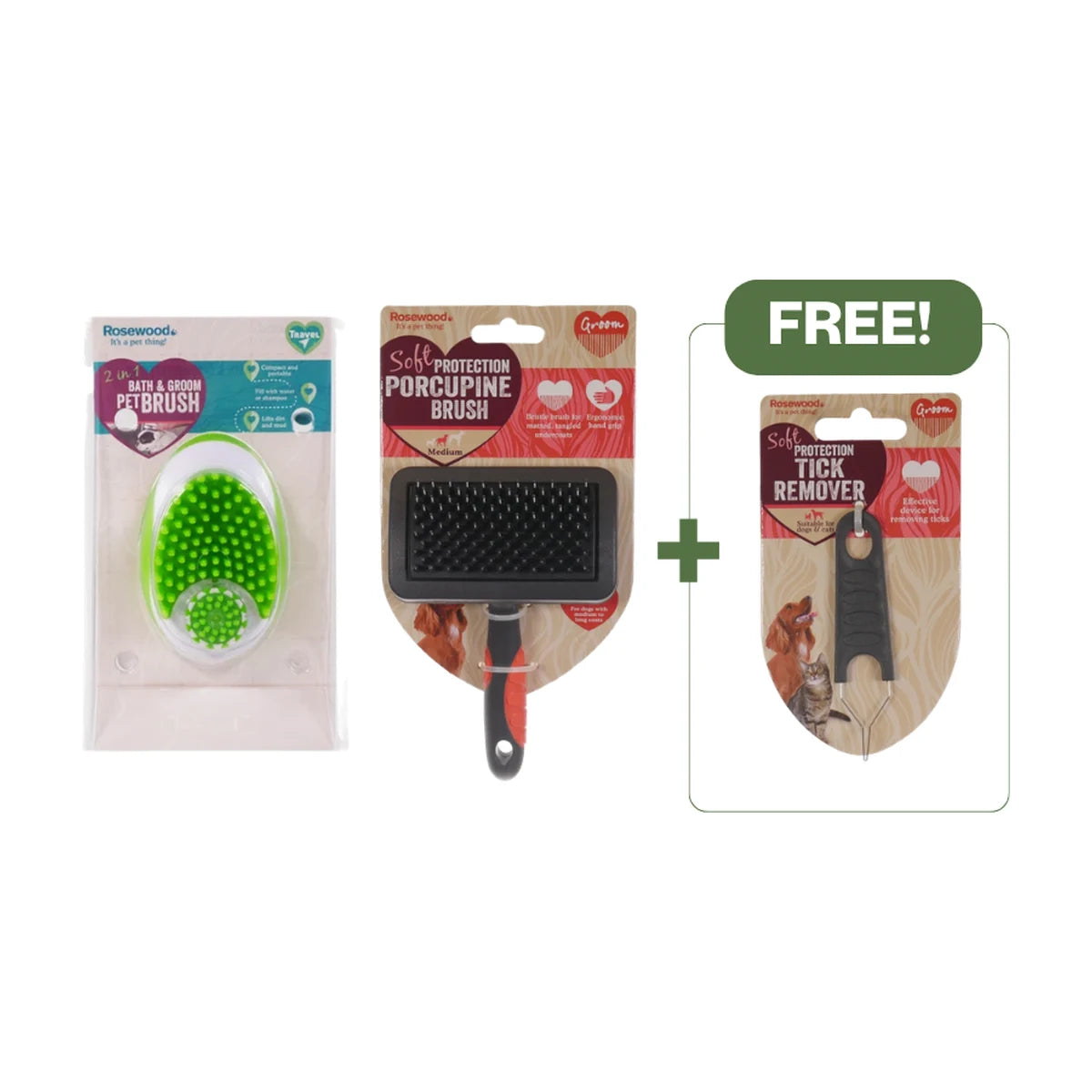 Rosewood Porcupine Brush and 2 in 1 Bath and Groom Brush with free Tick Remover