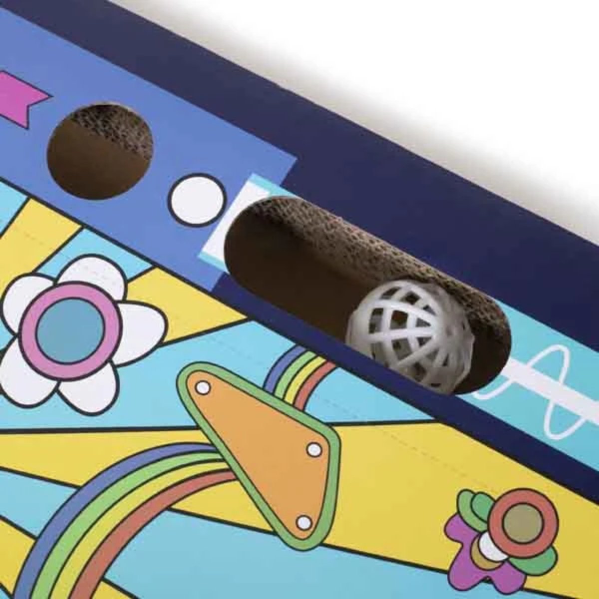 Close-up of the ball inside the track opening on the Rosewood Juke Box cardboard cat scratcher