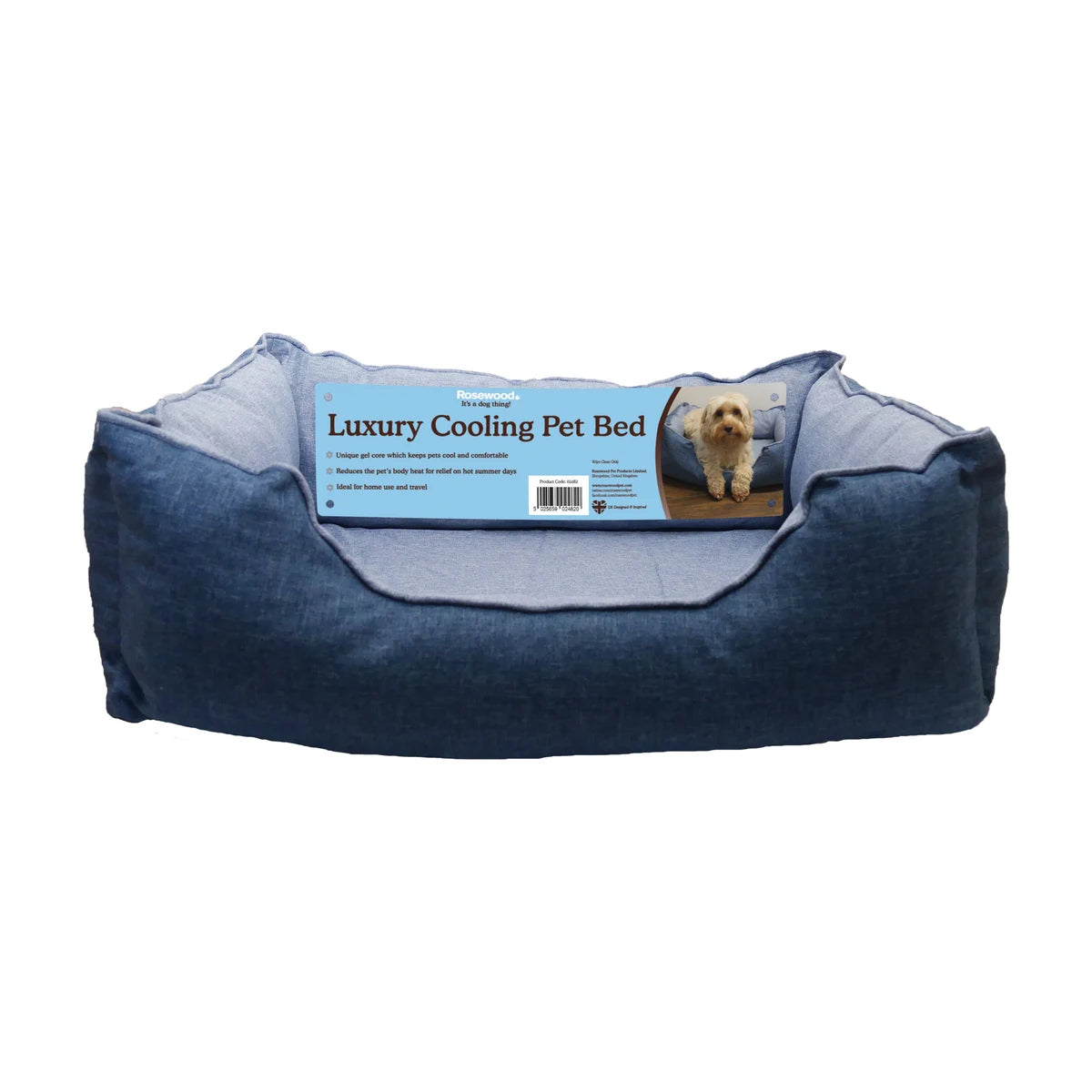 Front view of the blue Rosewood Luxury Cooling Pet Bed 60 cm with its original Rosewood label describing the cooling gel core and warm-weather comfort features.