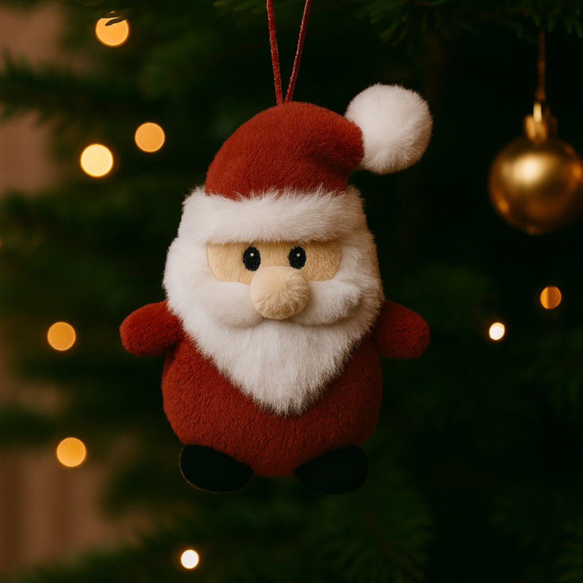 Rosewood Stanley Santa plush catnip toy hanging in front of a Christmas tree with warm festive lights and gold baubles.
