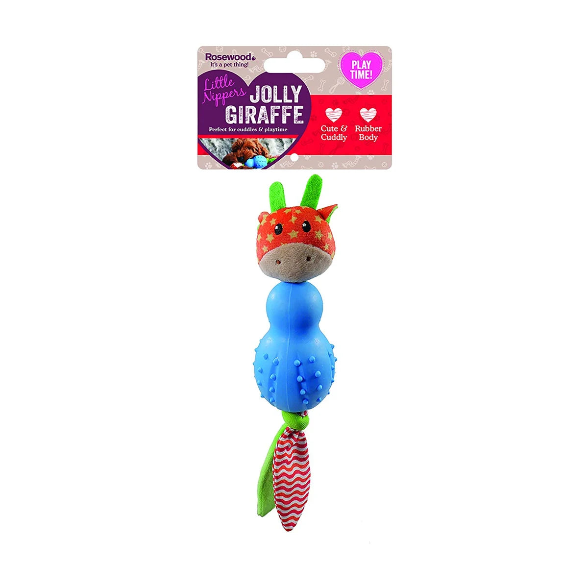 Rosewood Little Nippers Jolly Giraffe packaging showing cute and cuddly puppy toy with rubber body