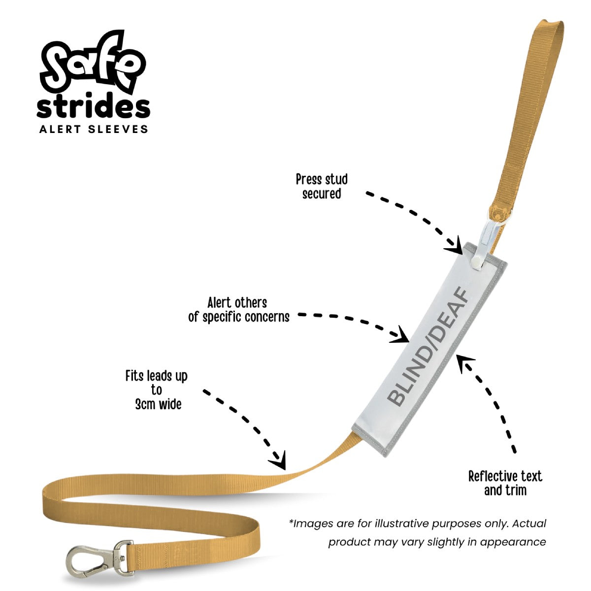Safe Strides alert sleeve benefits guide showing reflective trim, secure press stud and fit for leads up to 3cm wide