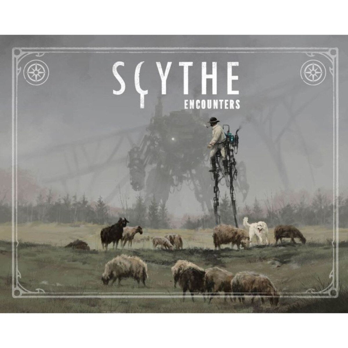 Scythe Encounters expansion front cover artwork with World of 1920 scene