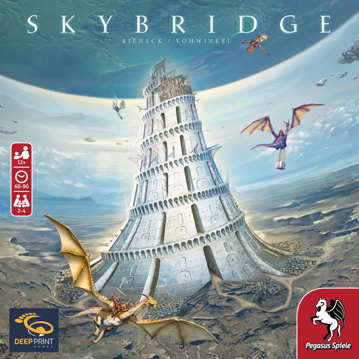 Skybridge board game cover artwork with a huge tower bridge in the fantasy world of Thraen