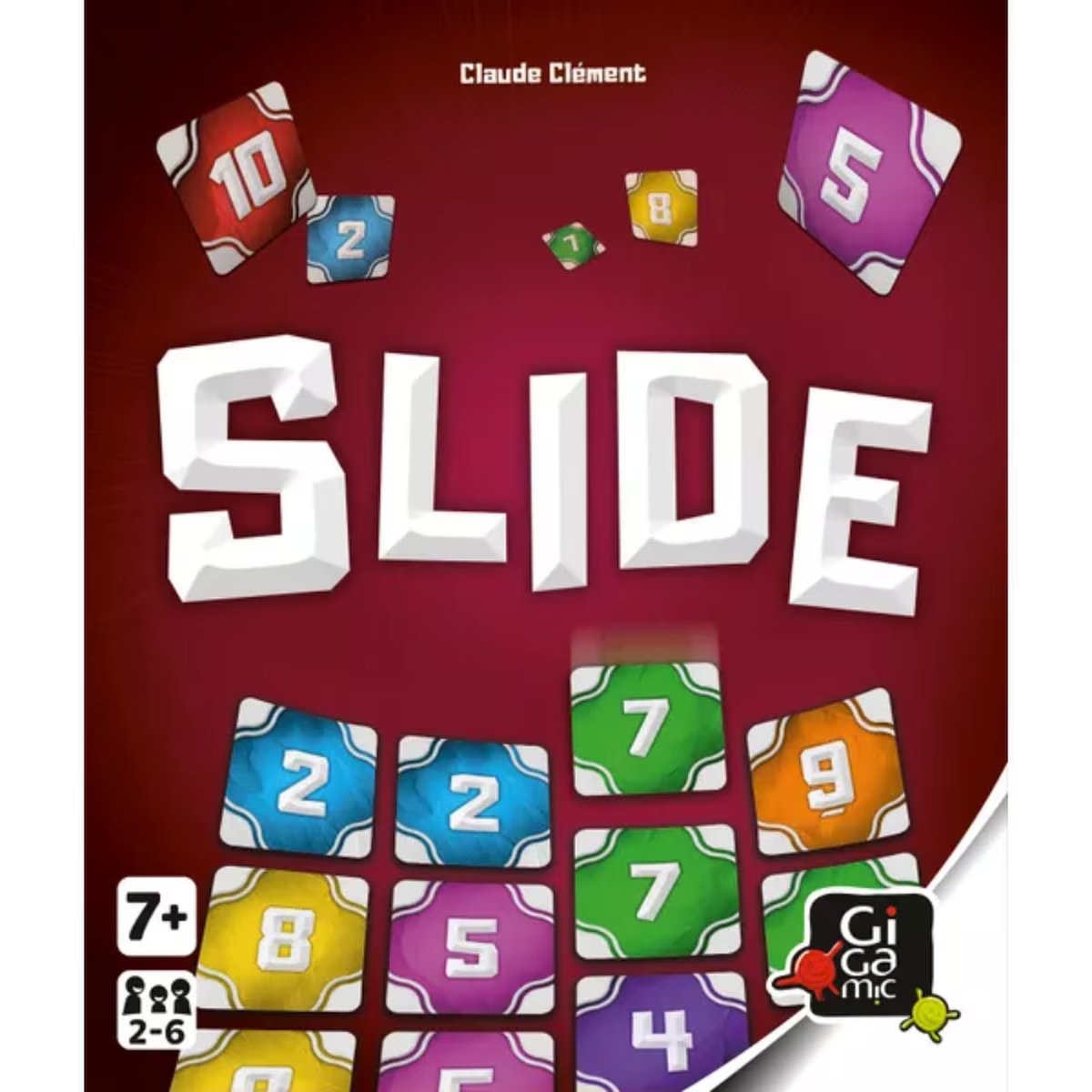 Close-up of Slide South African Edition card game cover with colourful number cards and Gigamic logo