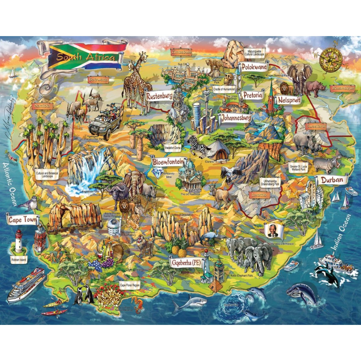 Full artwork of South Africa Landmarks 1000pc jigsaw puzzle featuring cities, wildlife, coastlines and famous landmarks