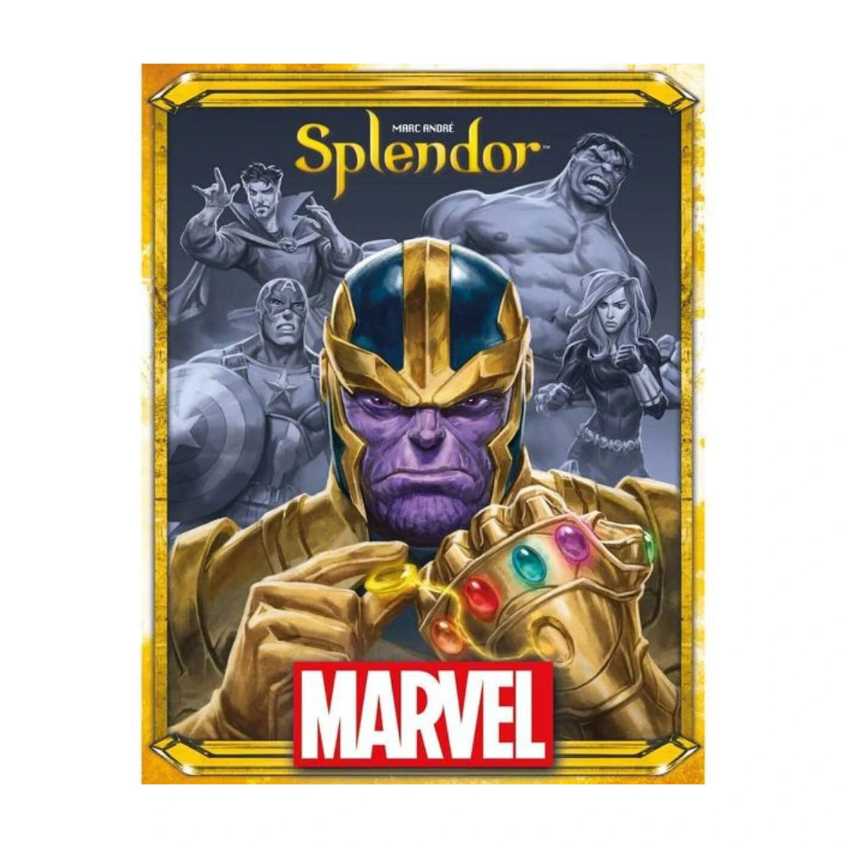 Splendor Marvel board game front box artwork featuring Thanos