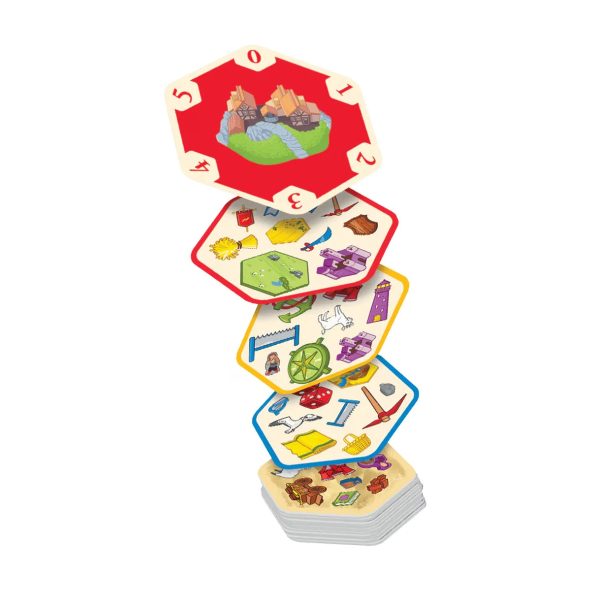 Spot It Catan hexagonal card stack close-up