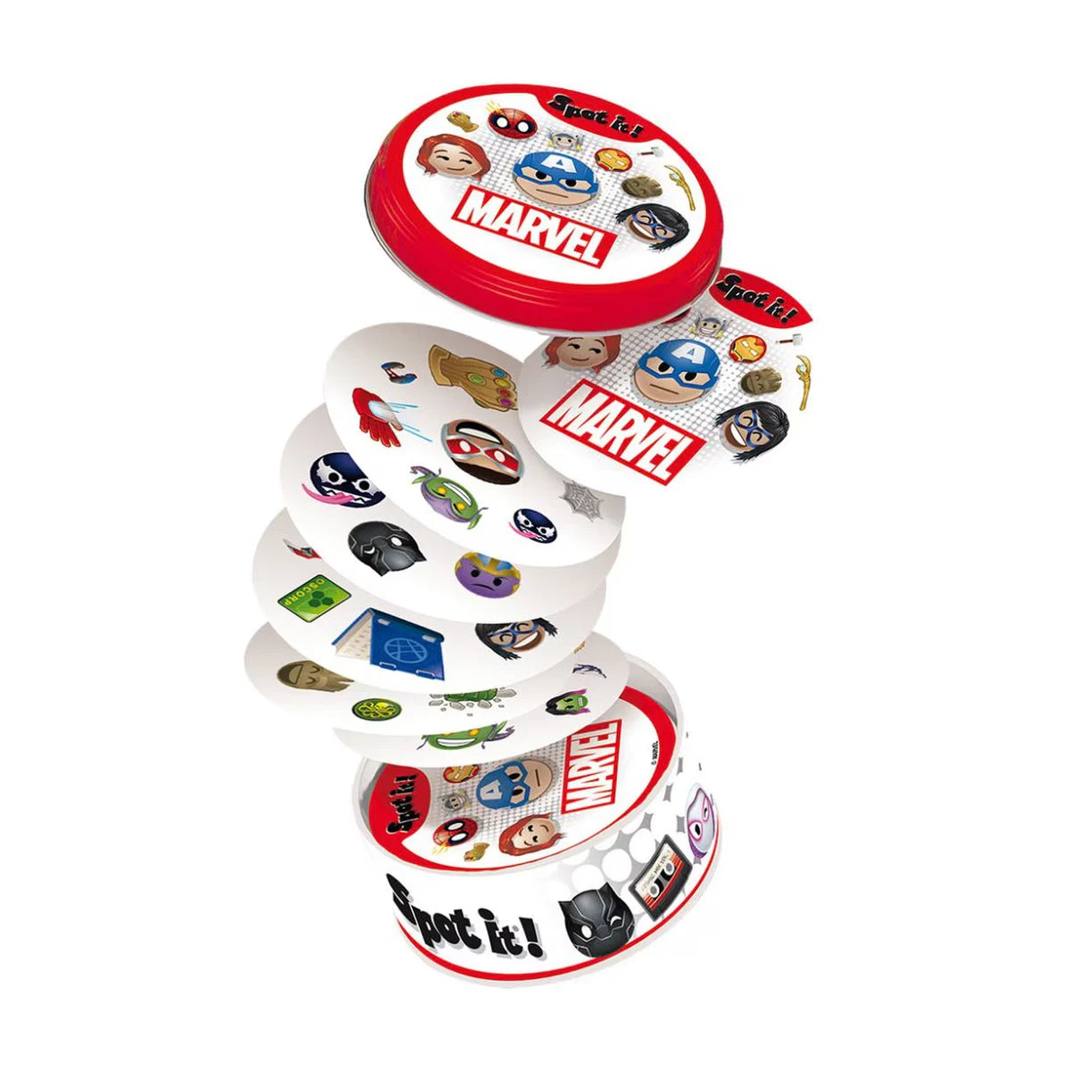 Spot It Marvel card game stacked cards and collectible tin